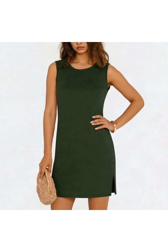 Summer Dresses for Women Sleeveless Round Neck Solid Color Tank Dress Knee Length Loose Shift Dress Casual Daily Basic Home Lounge Wear
