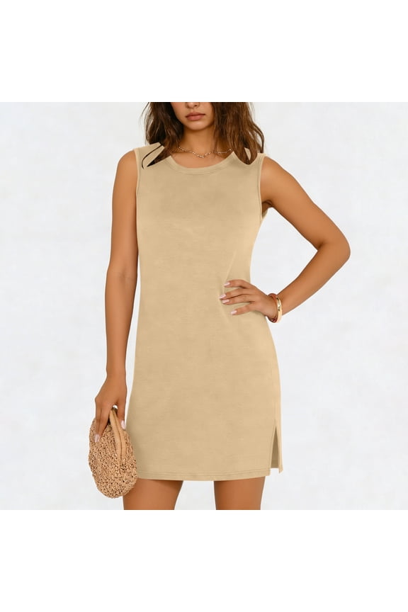 Summer Dresses for Women Sleeveless Round Neck Solid Color Tank Dress Knee Length Loose Shift Dress Casual Daily Basic Home Lounge Wear