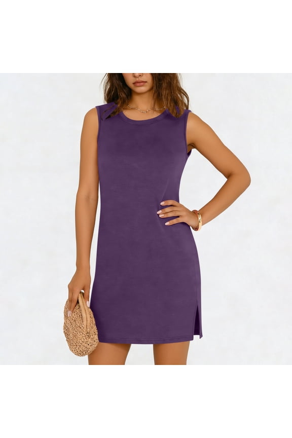 Summer Dresses for Women Sleeveless Round Neck Solid Color Tank Dress Knee Length Loose Shift Dress Casual Daily Basic Home Lounge Wear