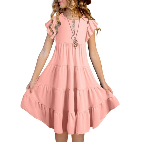 Gamivast Summer Girls Dresses Double Layer Flutter Sleeve Flowy A-Line Sundress Fashion Crewneck Gradient Color Midi Dresses Flowy Beach Dress Pink 6Y Vestidos De Verano Para Niña Clearance