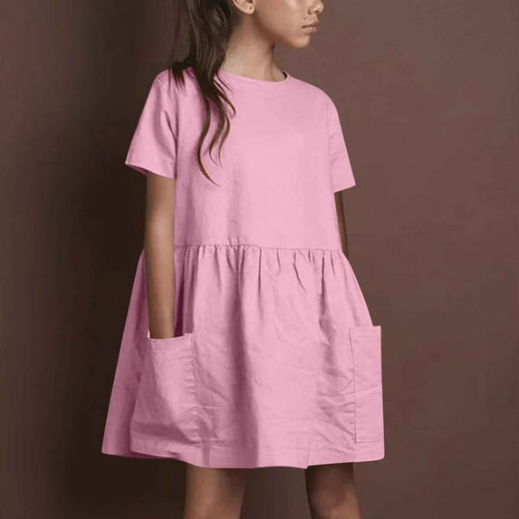Gamivast Summer Girls Linen Dress Casual Knee-Length Tiered Cotton Linen Dress Short Sleeve A-Line High Waist Flowy Modest Dress with Pockets Pink Orders Placed History of Purchases