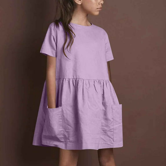 Gamivast Summer Girls Linen Dress Casual Knee-Length Tiered Cotton Linen Dress Short Sleeve A-Line High Waist Flowy Modest Dress with Pockets Purple Tracking My Recent Order
