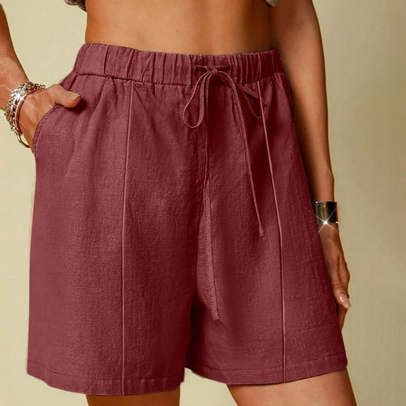 Gamivast Summer Linen Shorts for Women Drawstring Elastic Waist Shorts Vacation Casual Beach Shorts with Pockets Comfy Lounge Shorts Wine M Pantalones Capri Para Mujer