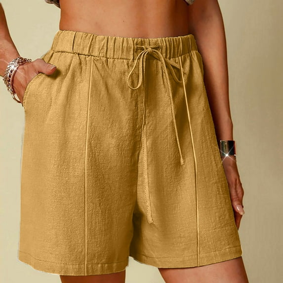Gamivast Summer Linen Shorts for Women Drawstring Elastic Waist Shorts Vacation Casual Beach Shorts with Pockets Comfy Lounge Shorts Yellow XXL Pantalones Capri Para Mujer