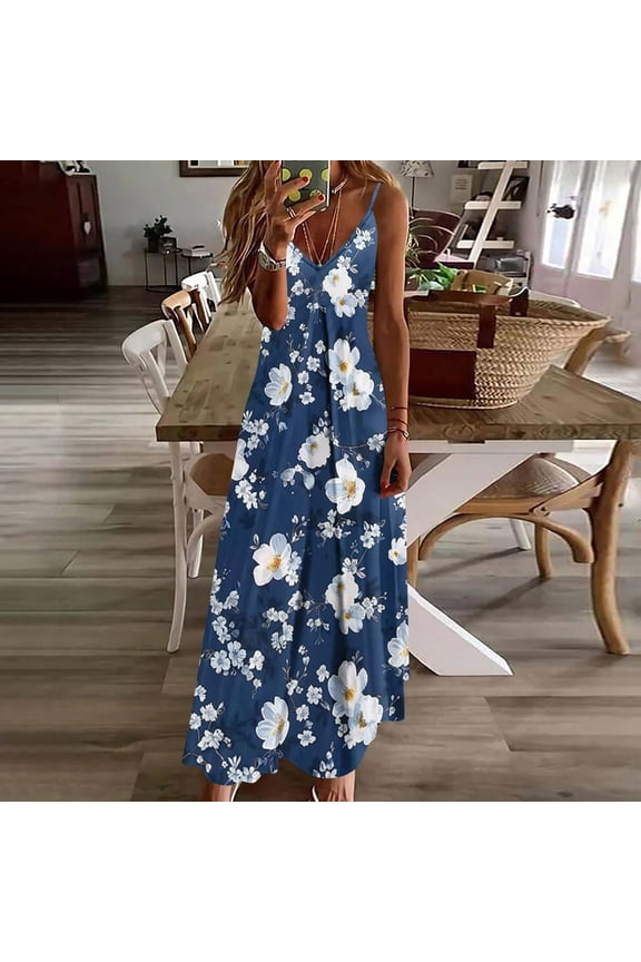 Summer Maxi Dress for Women Casual V Neck Sleeveless Spaghetti Strap Flowy Long Dress Abstract Print Boho Dresses Lightweight Beach Vacation Wear
