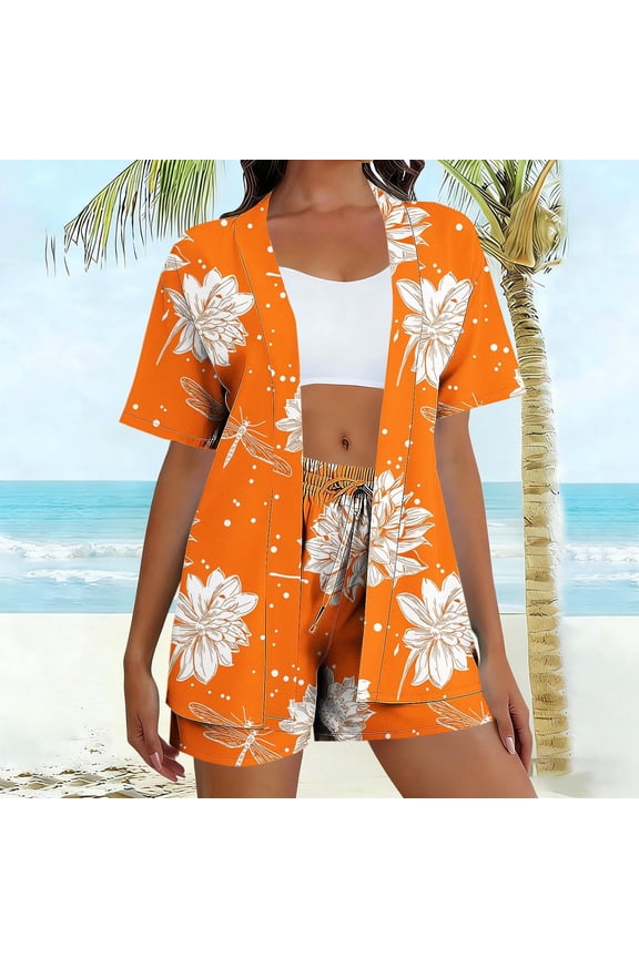 Summer Sets Women 3 Piece Outfits Floral Dragonfly Print Kimono & Shorts with Tank Top Vacation Suits Boho Beach Cover Up Hawaiian Holiday Matching Set