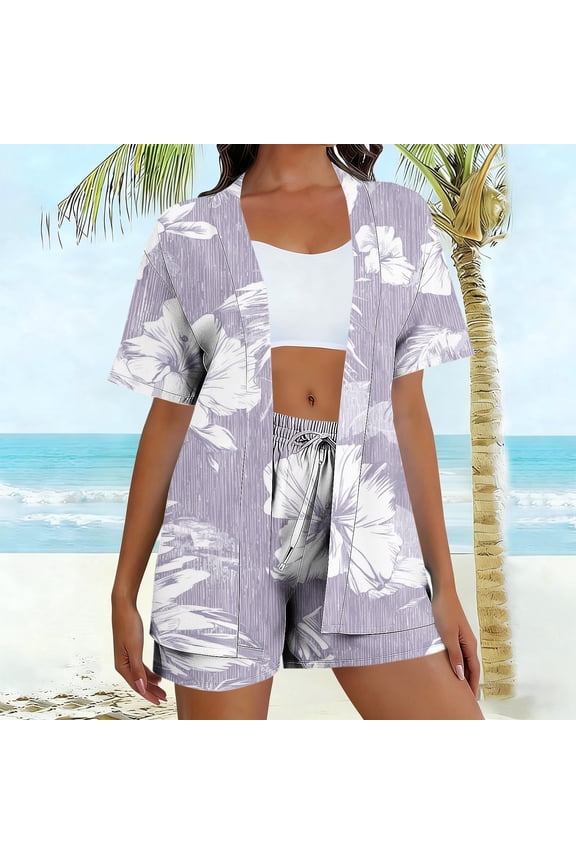 Summer Sets for Women 2 Piece Floral Print Cardigan & Drawstring Shorts Vacation Sets Boho Kimono Cover Up Beach Holiday Travel Outfits