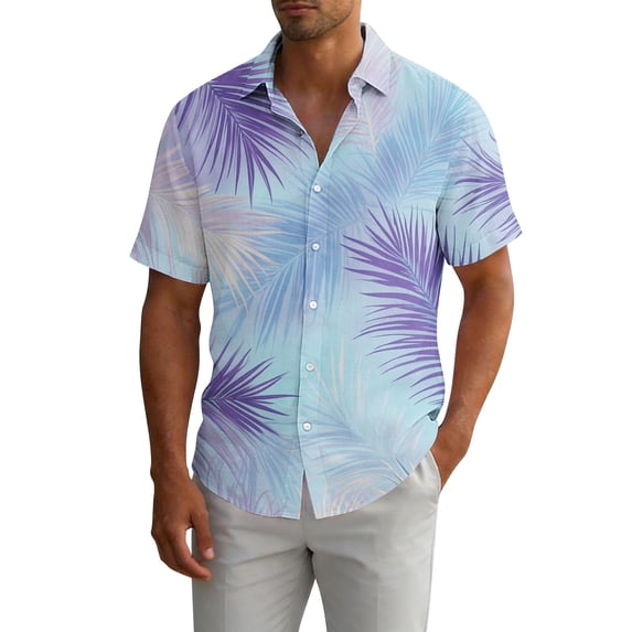Gamivast Summer Shirts Palm Leaf Pattern Print Casual Shirts Button Down Lapel Collar Beach Shirts Lightweight Breathable Vacation Tropical