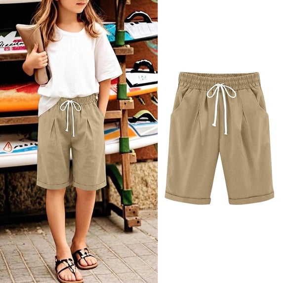 Gamivast Summer Shorts for Girls Kids Elastic Waist Drawstring Comfy Cotton Linen Blend Lounge Shorts Casual Loose Fit with Pockets for Vacation Beach Everyday Wear