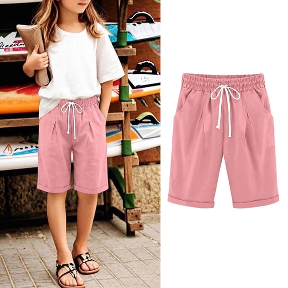 Gamivast Summer Shorts for Girls Kids Elastic Waist Drawstring Comfy Cotton Linen Blend Lounge Shorts Casual Loose Fit with Pockets for Vacation Beach Everyday Wear