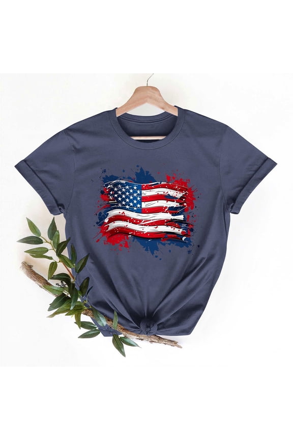 Summer Tops for Women American Flag Patriotic Graphic T Shirt 4Th of July Short Sleeve Crewneck Casual Loose Fit Red White and Blue Bbq Party Shirts