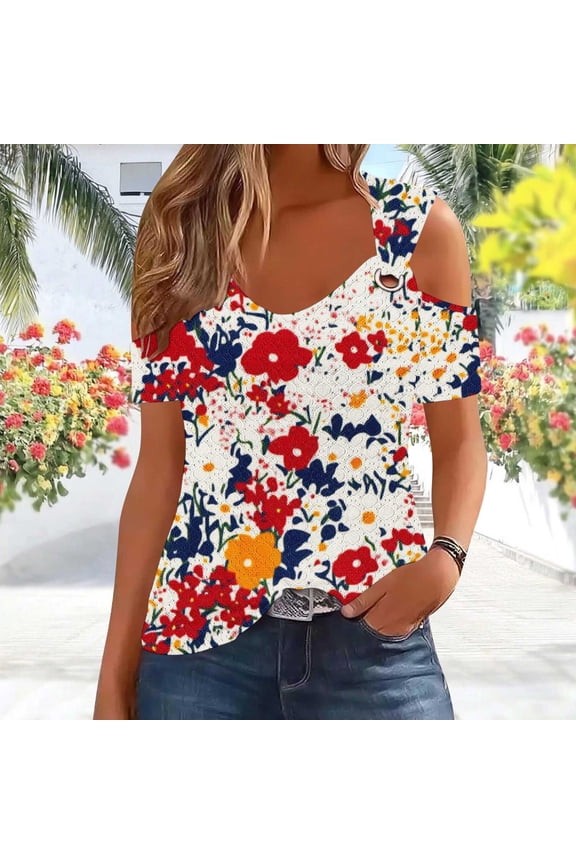 Summer Tops for Women Casual Vintage Flower Graphic V Neck T Shirts Dressy Loose Short Sleeve Shirts Vacation Casual Beach Shirts Red S Camisas Para Mujer