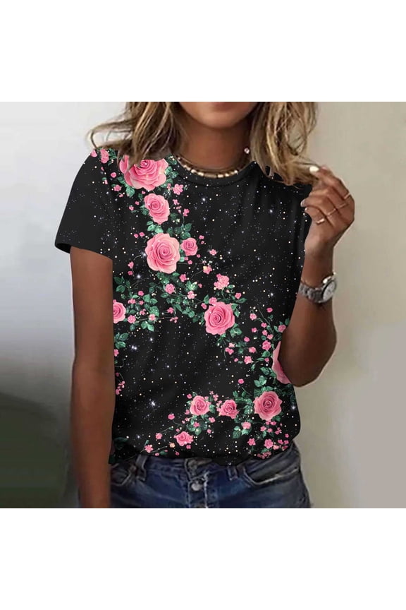 Summer Tops for Women Vintage Floral Short Sleeve Shirts Casual Crewneck Workout Tops Spring Vacation Loose Fit Blouses S Camisas Para Mujer