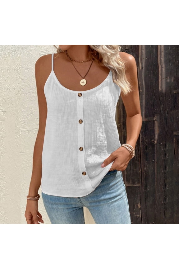Summer Tops for Women Textured V-Neck Sleeveless Tank Tops Button Down Casual Tops Loose Fit Crinkle Cami Daily Wear Vacation