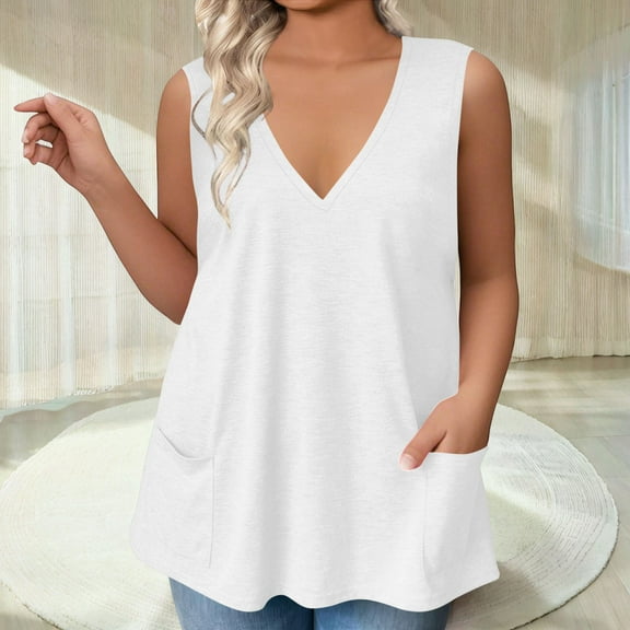 Gamivast Summer V Neck Tank Tops Solid Color Sleeveless Shirt with Pockets Loose Fit Flowy Shirts Casual Vacation Beach Blouses WhiteXXL Camisas Para Mujer