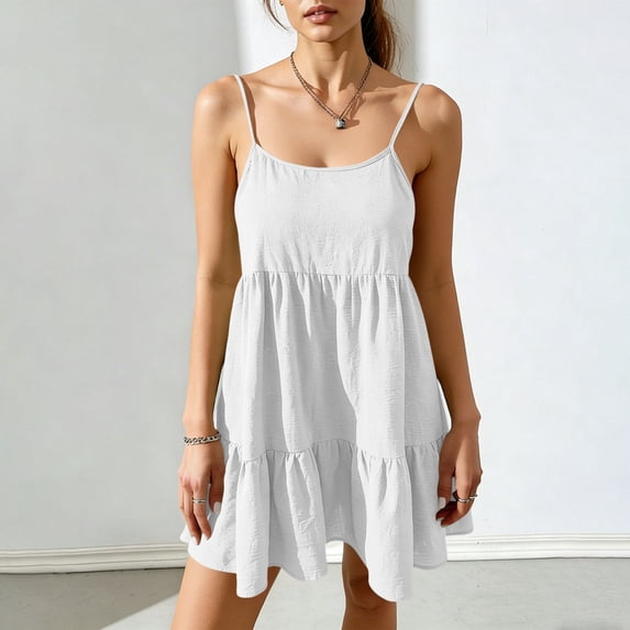 Gamivast Sun Dresses for Women Spaghetti Strap Scoop Neck Tiered Ruffle Cami Dress Loose Fit Textured Mini Dress Summer Beach Vacation Club Party