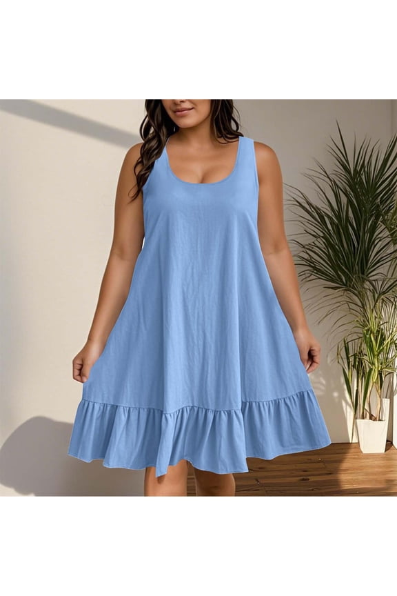 Sundresses for Women Flattering Scoop Neck Sleeveless Short Dresses Loose Fit Tiered Ruffle Hem Beach Dress Solid A-Line Flowy Casual Wear