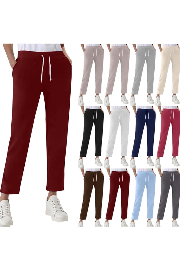 Sweat Pants for Women Slim Fitted Straight Leg Pants with Pockets Athletic Gym Drawstring Solid Sweatpants Lounge Work Elastic Waist Joggers