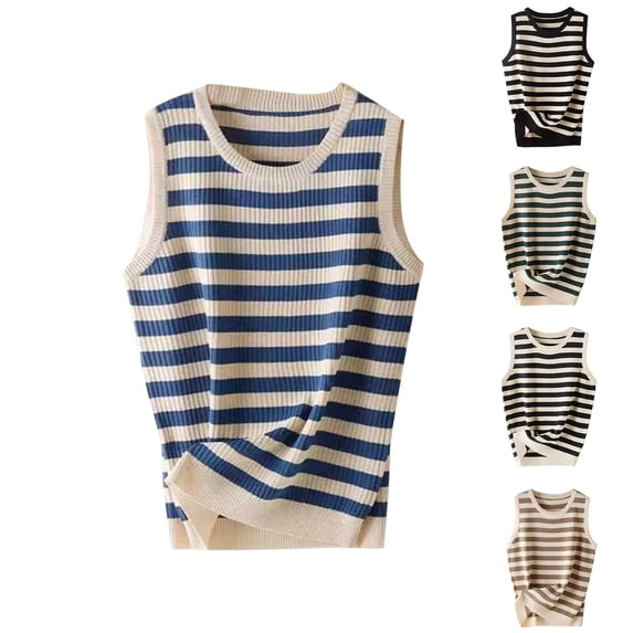 Gamivast Sweater Vest for Women Sleeveless Crew Neck Ribbed Knit Striped Pullover Top Relaxed Fit Casual Layering Summer Shirt