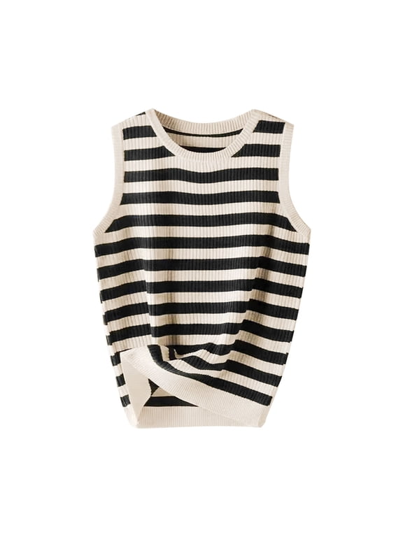 Sweater Vest for Women Sleeveless Crew Neck Ribbed Knit Striped Pullover Top Relaxed Fit Casual Layering Summer Shirt