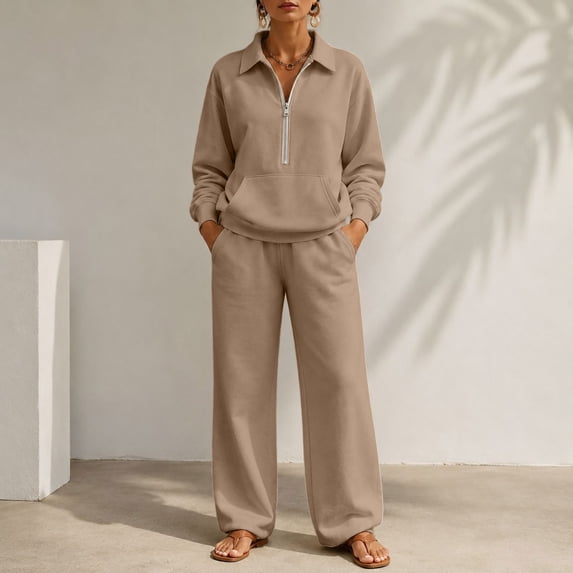 Gamivast Sweatsuits 2 Piece Set for Women Half Zip Pullover Sweatshirt Wide Leg Pants Two Piece Fall Winter Activewear Khaki XXL