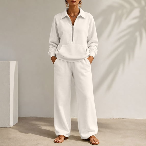 Gamivast Sweatsuits 2 Piece Set for Women Half Zip Pullover Sweatshirt Wide Leg Pants Two Piece Fall Winter Activewear White M