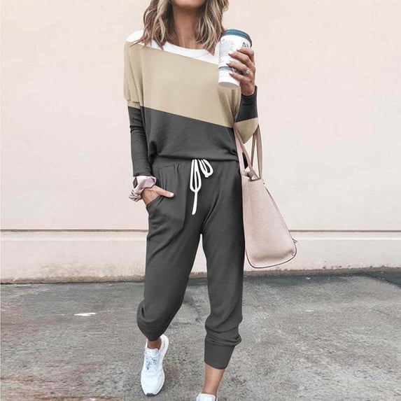 Gamivast Sweatsuits Women 2 Piece Outfit Color Block Long Sleeve Pullover & Drawstring Joggers Tracksuits Loose Fit Sporty Casual Fall Winter Comfy Lounge Sets