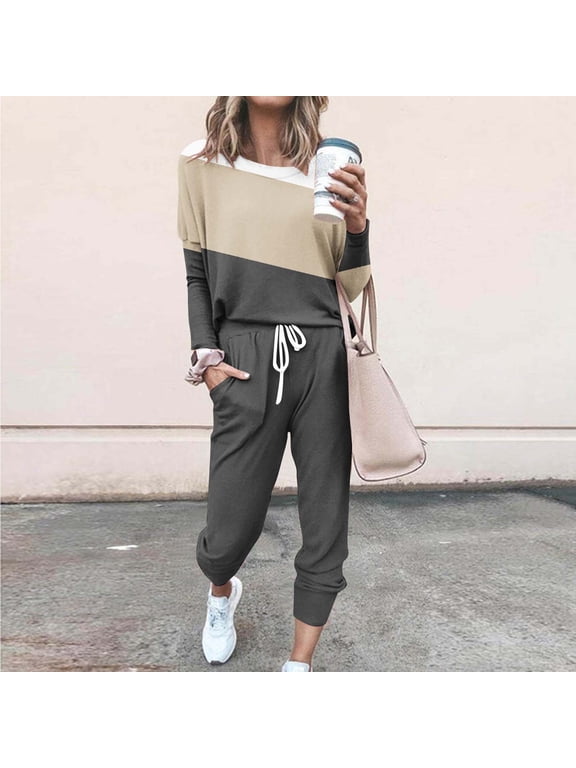 Sweatsuits Women 2 Piece Outfit Color Block Long Sleeve Pullover & Drawstring Joggers Tracksuits Loose Fit Sporty Casual Fall Winter Comfy Lounge Sets