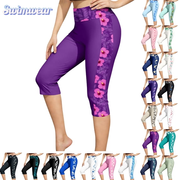 Gamivast Swim Bottoms for Women Tummy Control High Waisted Capri Leggings Modest Board Shorts Floral Panel Summer Beach Water Sports Surfing Swimming Pants