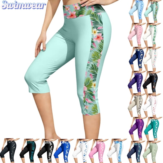 Gamivast Swim Bottoms for Women Tummy Control High Waisted Capri Leggings Modest Board Shorts Floral Panel Summer Beach Water Sports Surfing Swimming Pants