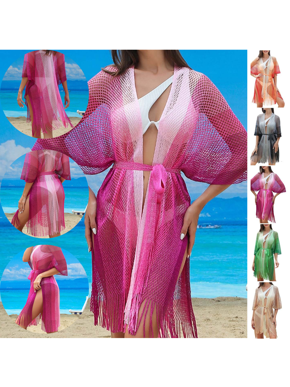 Swim Cover up for Women Ombre Fishnet Kimono Fringe Hem Open Front Tie Waist Sheer Beach Cover up Cardigan Vacation Resort Wear Cruise Beach to Boardwalk