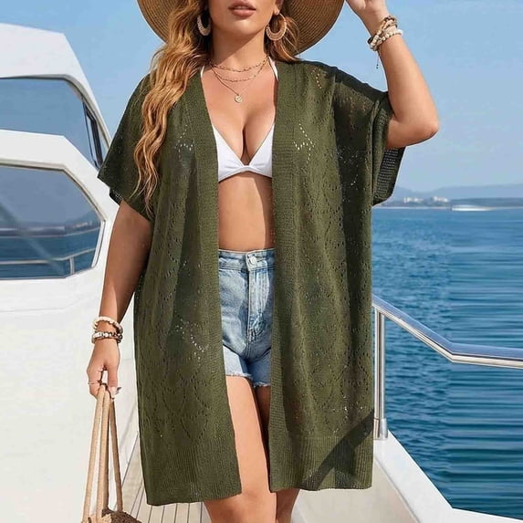 Gamivast Swim Cover up for Women Open Knit Cardigan Open Front Short Sleeve Longline Beach Cover up Cardigan Beachwear Vacation Resort Wear Beach to Boardwalk