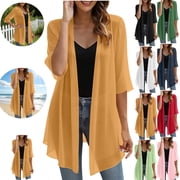 Gamivast Swim Cover up for Women Sheer Chiffon Open Front Kimono Cardigan Flowy Three Quarter Sleeve Beach Cover up Cardigan Lightweight Modest Coverage Resort Wear Vacation Beachwear