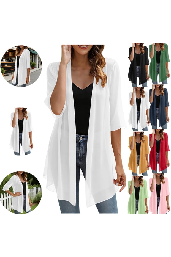 Swim Cover up for Women Sheer Chiffon Open Front Kimono Cardigan Flowy Three Quarter Sleeve Beach Cover up Cardigan Lightweight Modest Coverage Resort Wear Vacation Beachwear