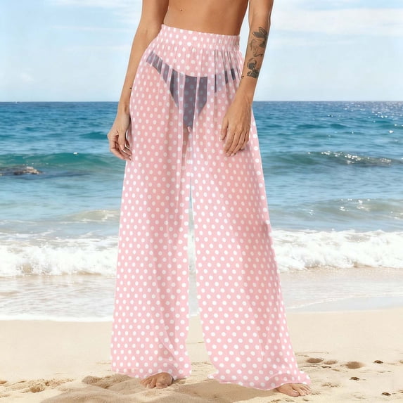 Gamivast Swim Cover up for Women Pants Boho Wide Leg Polka-Dot Beach Pant Sheer Flowy Elastic Waist Beach Coverup Wear Summer Vacation Outfits 2026