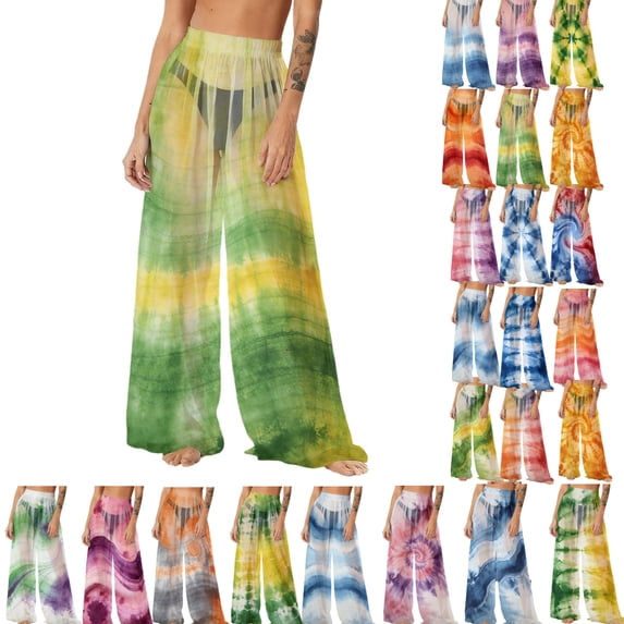 Gamivast Swimsuit Cover Ups for Women Mesh Beach Pants High Waisted Wide Leg Sheer See Through Bathing Suit Bottoms Summer Vacation Pool Party Outfits