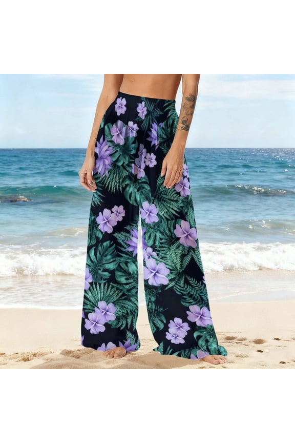 Swimsuit Coverup for Women Pants Floral Elastic Waist Sheer Beach Cover up Pant Casual Flowy Wide Leg Boho Pants Summer Pool Party Swimwear