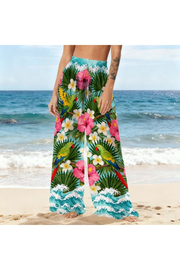 Swimsuit Coverup for Women Pants Floral Elastic Waist Sheer Beach Cover up Pant Casual Flowy Wide Leg Boho Pants Summer Pool Party Swimwear