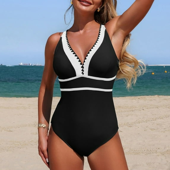 Gamivast Swimsuits for Women One Piece Swimsuits Tummy Control V-Neck Contrast Trim Built-In Bra Tummy Control Swimwear Beach Push up Bathing Suits Vacation