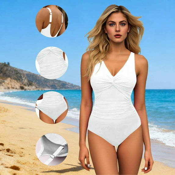 Gamivast Swimsuits for Women One Piece Swimsuits Tummy Control V-Neck Ruched Front Built-In Bra Tummy Control Swimwear Beach Halter One Piece Vacation Bathing Suits