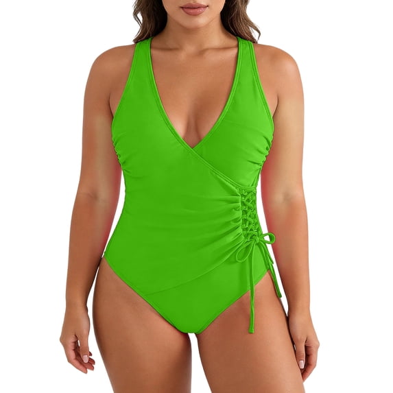 Gamivast Swimsuits for Women Plus Size One Piece Swimsuits Tummy Control Wrap V Neck Side Lace up Ruched Waist Plus Size Bathing Suits Beach Vacation