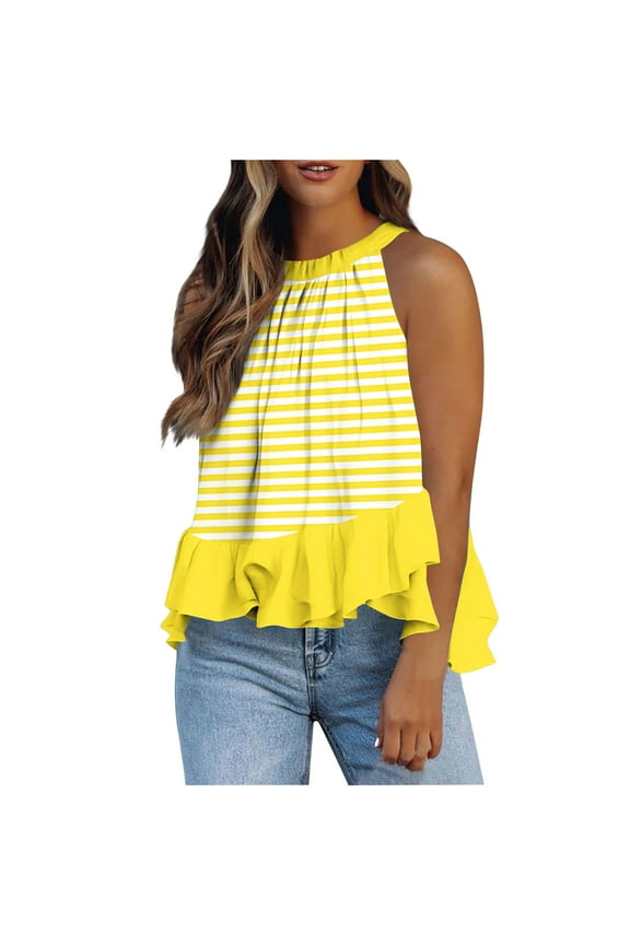 T Shirt Women Fashion Stripe Print Shirts Crew Neck Sleeveless Tied Loose T-Shirt Casual Loose Fit Camisole Blouse Yellow L Juniors Placed Recently by Me,the Past Month