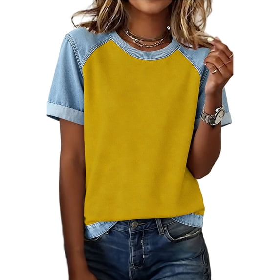 Gamivast T Shirts for Women Round Neck Short Sleeve Loose Fit Baseball Tee Denim Trim Color Block Casual Tops Soft Summer Shirts Weekend Daily Streetwear Wear outfits