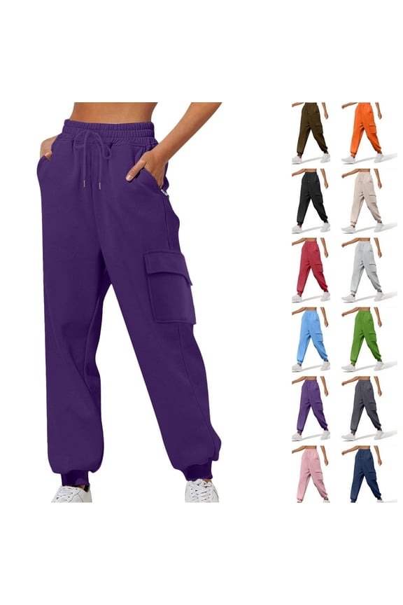 Tall Joggers for Women Drawstring Straight Leg Cuff Pants Outdoor Elastic Waist Sweatpants with Zip Pockets Lightweight Soft Solid Color Trousers