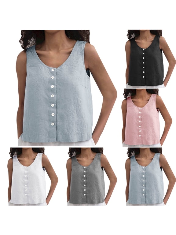 Tank Tops for Women Linen Sleeveless Scoop Neck Button Down Loose Fit Lightweight Woven Blouse Casual Summer Layering Top Vacation Wear