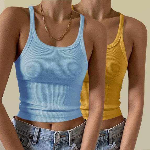 Gamivast Tank Tops for Women Pack Ribbed Sleeveless Camisole Tops Cropped Spaghetti Strap Scoop Neck Cute Tank Tops Going out Summer Tops Blue XXL