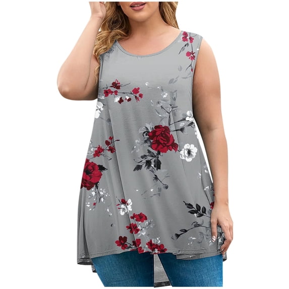 Gamivast Tank Tops for Women Plus Size Palm Tree Gradient Print Round Neck Sleeveless Loose Fit Breathable Shirts Summer Beach Vacation Tops