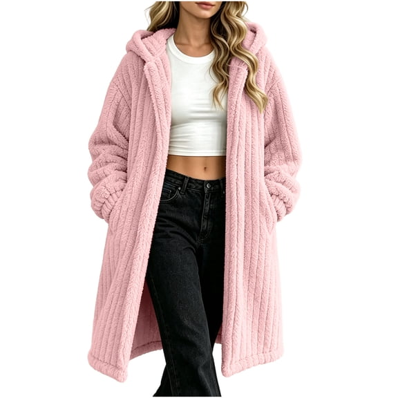 Gamivast Teddy Bear Coat for Women Long Fuzzy Fleece Hooded Jacket Winter Warm Thick Outerwear Open fornt Overcoat With Pockets for Casual Daily Cold Weather Pink M