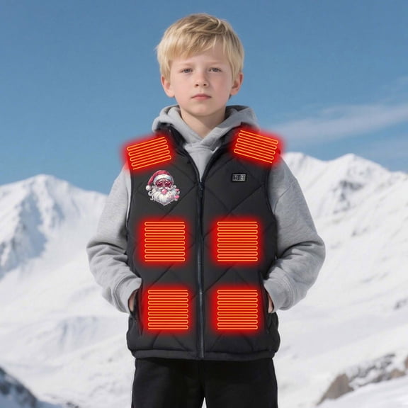 Gamivast Teen Heated Vest Boys Christmas Graphic Zip up Sleeveless Puffer Jackets with 13 Heating Zones Waterproof Stand Collar Washable Coats with Zipper Pockets for 6-17 Years Old no Power Bank