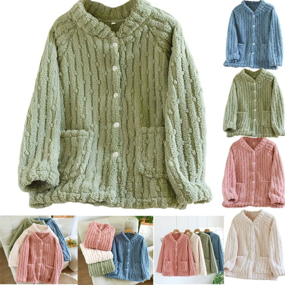 Gamivast Thick Fleece Jacket Women Lounge Button Down Raglan Long Sleeve Pajama Tops with Pockets Casual Loose Crew Neck Solid Outerwear Winter Warm Clothing